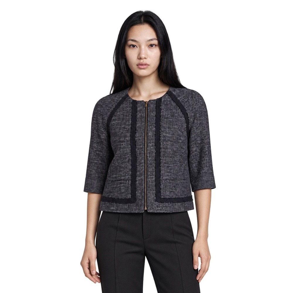 J.Crew Blue Tweed Jacket Women's Size Braided Trim Collarless Full Zip Blazer